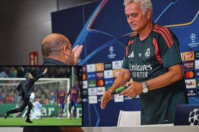 Jose Mourinho'ya basın toplantısında 'fıskiye' hediye edildi! Barcelona'ya büyük gönderme